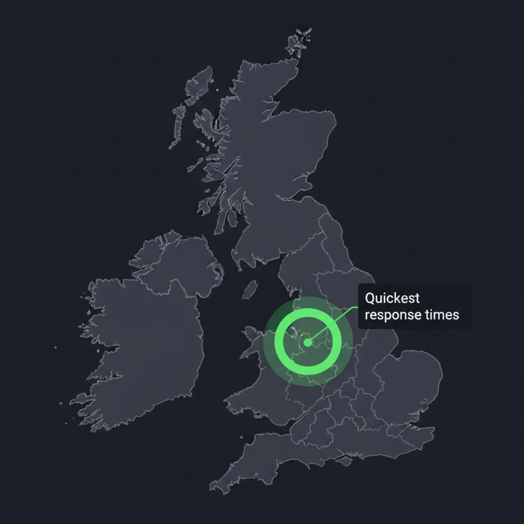 Map of the United Kingdom with the West Midlands, Shropshire, Herefordshire and Warwickshire highlighted in green as the area with quickest response times